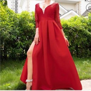 Women  V Neck Half Sleeve Solid Sequins Hight Split Long Sleeve Party Dress S